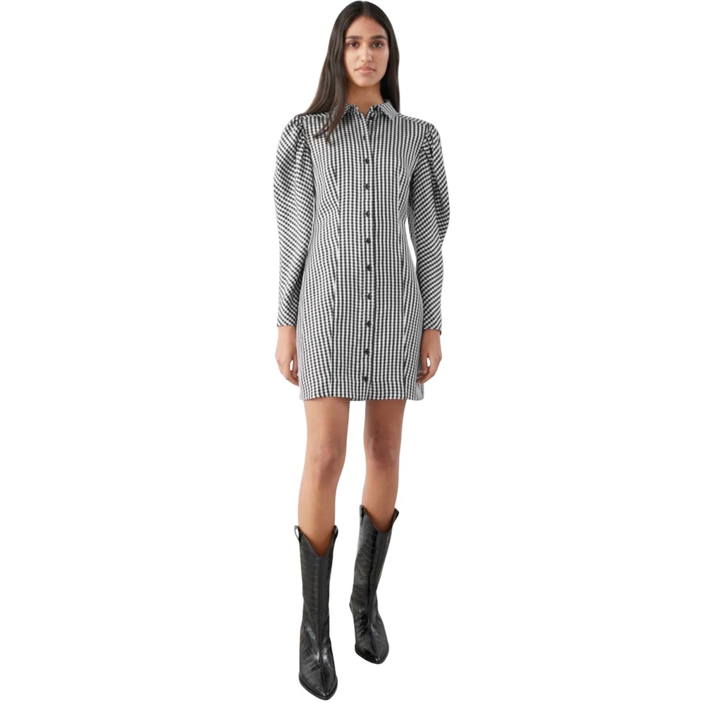 & Other Stories Gingham Mini Dress Womens 2 Black White NEW Puff Sleeve Shirt